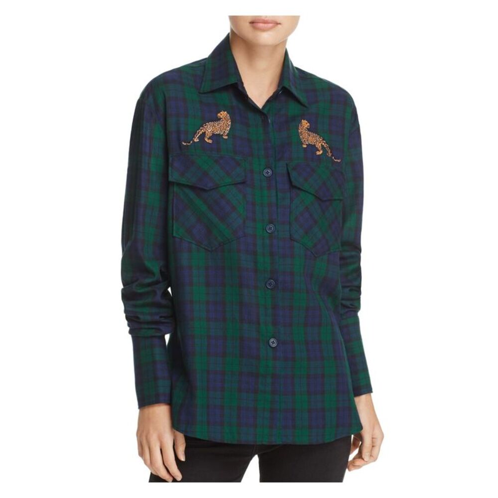 PETERSYN Womens Navy Plaid Long Sleeve Collared Top Size: XS